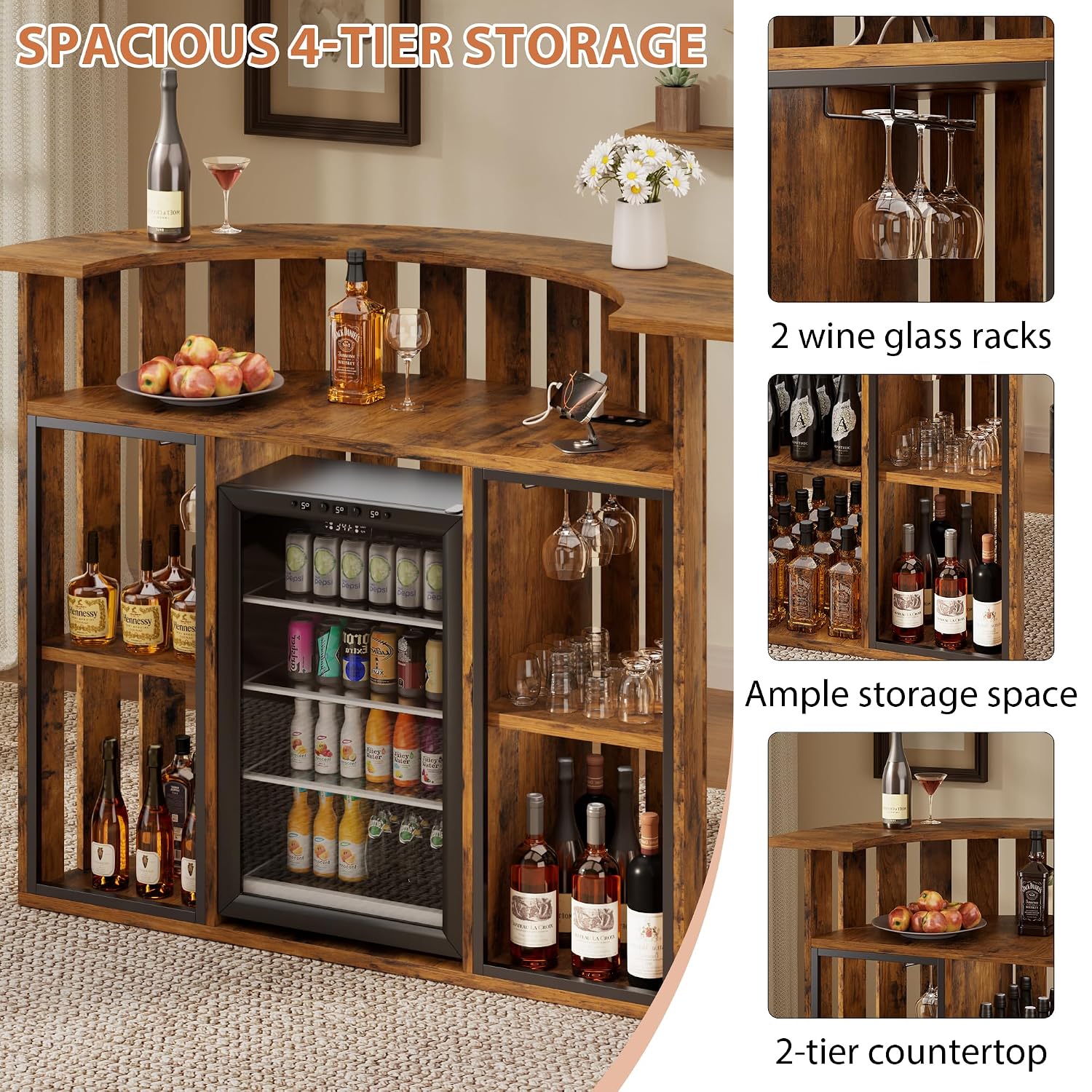 Rustic Wooden Bar Cabinet, 4-T - Home Bar And Fridge ulasan dan harga